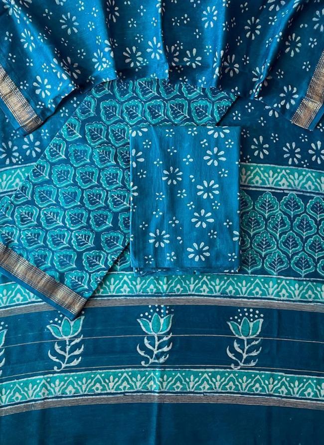 Silk Blue Casual Wear Printed Dress Material